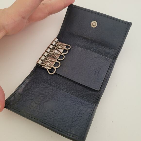 Gucci Logo Key Holder Wallet Case Leather Small Unisex Black Trifold Striped - Picture 4 of 12
